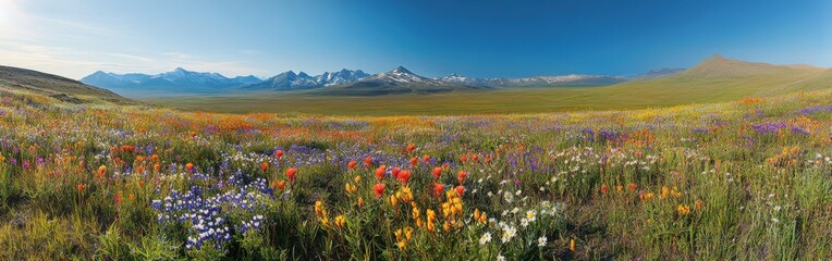 Fototapeta premium A breathtaking panorama of vibrant tundra flowers in Kotzebue framed by majestic mountains under a clear blue sky