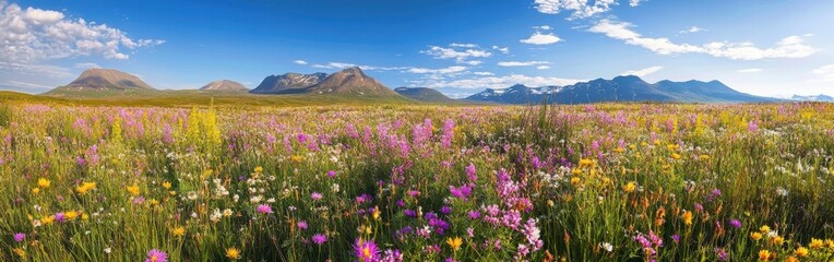 Fototapeta premium Breathtaking panorama of wildflowers blooming across the tundra landscape in Kotzebue under a clear blue sky