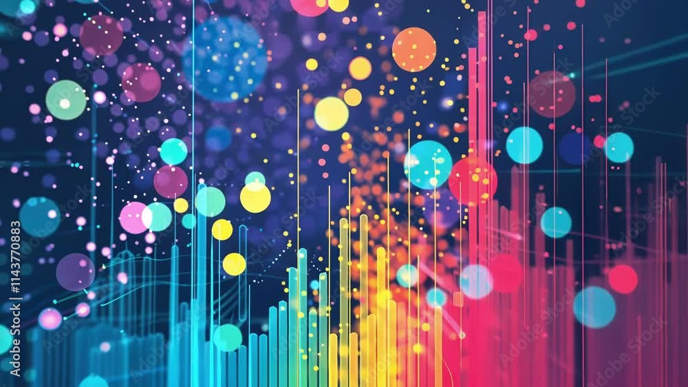 Poster abstract colorful bokeh lights and vertical lines flowing upwards, representing big data and informa