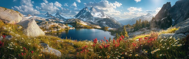 A breathtaking panorama of the North Cascades showcasing vibrant wildflowers, serene lakes, and majestic mountain peaks under a clear blue sky