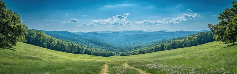 Fototapeta premium A breathtaking panorama of the Pineville area with lush greenery and rolling hills under a bright blue sky