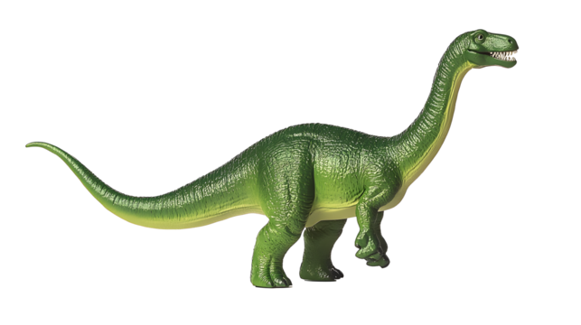 Green dinosaur diplodoc plastic toy model isolated on white background