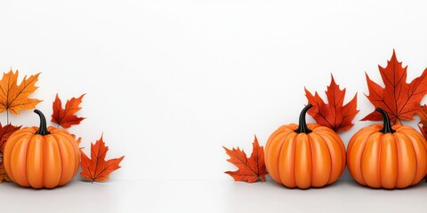 Autumn pumpkins and colorful leaves on a white background.
