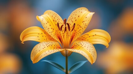 Close-up of a vibrant yellow lily with dark spots, blurred background.