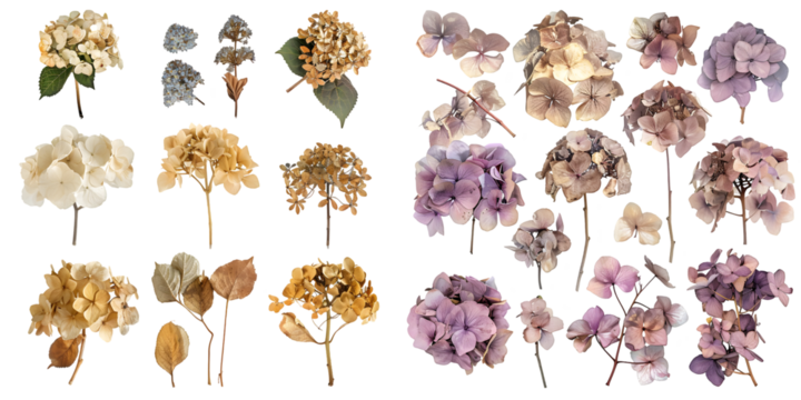 collection of delicate dry hydrangea flowers. Generative AI.