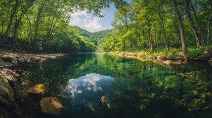 Captivating panorama of the serene Greenbrier River framed by lush greenery and mountains under a clear blue sky