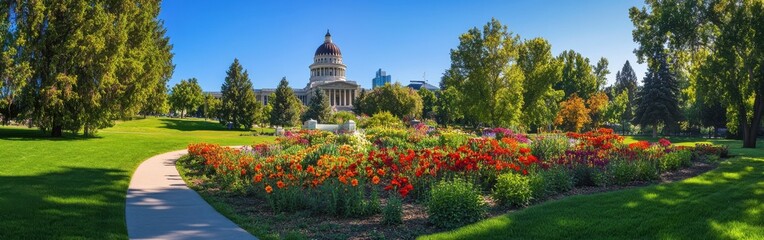 A breathtaking view of the Idaho State Capitol surrounded by vibrant gardens on a clear sunny day