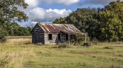 Abandoned farmhouse in a rural landscape. Concept of history, nostalgia, and rural life.