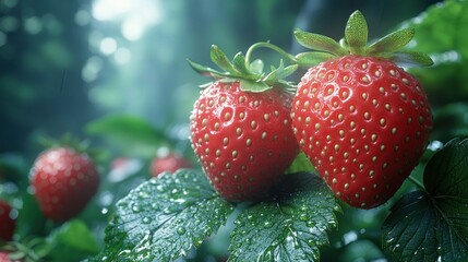 Two ripe strawberries on a plant with dew drops.