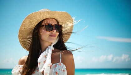 beautiful woman looking to sun at beach wearing straw hat and sunglasses and white floral dress 