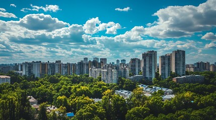 Obraz premium Cityscape with Lush Green Park. Urban Landscape with Trees and Buildings.