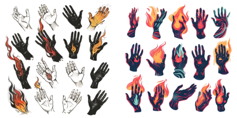 Set human hands with fire or flame in retro flat style. Collection different vector illustration for tattoo, print. Various vintage color art composition. Generative AI.