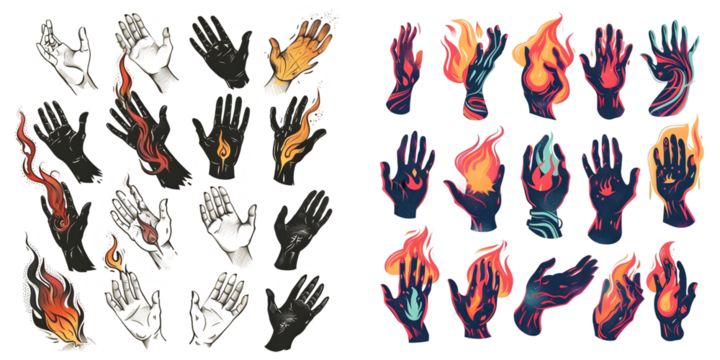 Set human hands with fire or flame in retro flat style. Collection different vector illustration for tattoo, print. Various vintage color art composition. Generative AI.