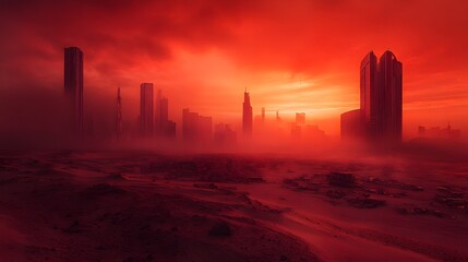 Crimson Sunset Over A Desolate Futuristic Cityscape