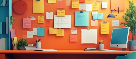 Orange wall with desk and computer with sticky notes and plants.