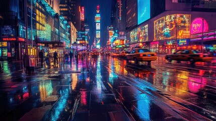 Vibrant cityscape at night with colorful lights reflecting on wet streets.