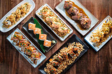 Traditional Japanese Dishes. Sushi Set. Ikazaya Food Concept