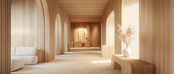 Scandinavian hallway featuring minimalistic furniture, natural wood tones, and neutral colors, highlighting seamless design