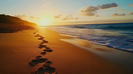 Calm beach scene at dawn with footprints in the sand leading forward symbolizing a new chapter