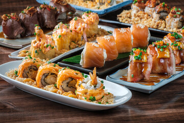 Traditional Japanese Dishes. Fried Shrimp Sushi Roll Set. Ikazaya Food Concept