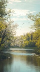 Fototapeta premium A tranquil afternoon at the Platte River, surrounded by lush greenery and graceful birds soaring overhead