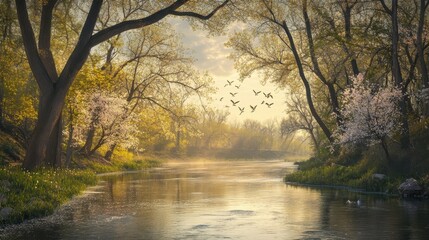 Fototapeta premium Calm morning at the Platte River with blooming trees and birds soaring above in a tranquil natural setting