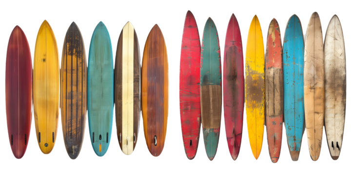 Set of colorful wooden vintage Surfboard. Generative AI.