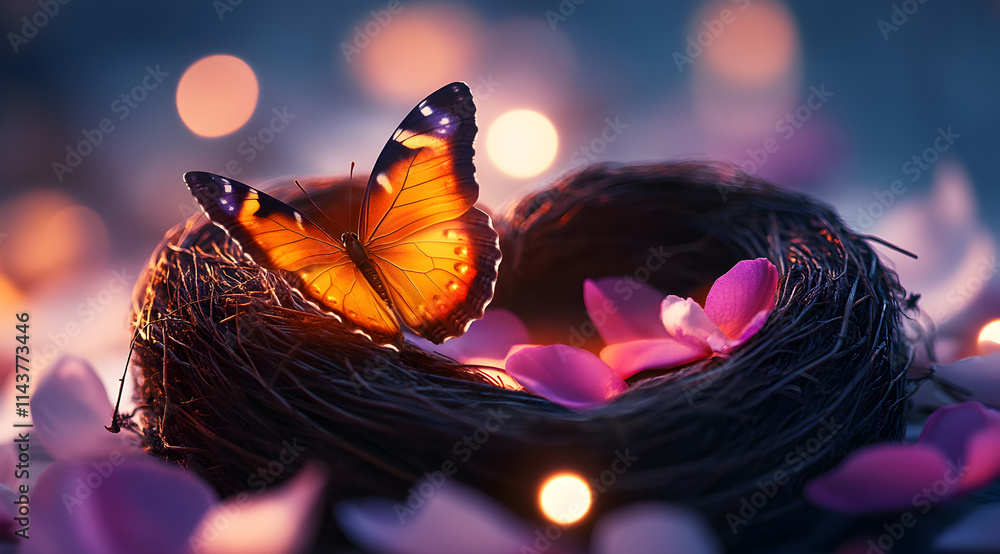 Poster a vibrant butterfly rests on a nest adorned with petals, illuminated by soft, glowing lights, creati