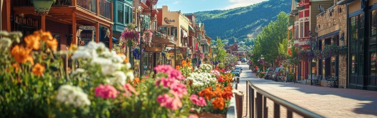 Fototapeta premium A sunny day stroll through the picturesque town of Park adorned with vibrant flowers and charming storefronts
