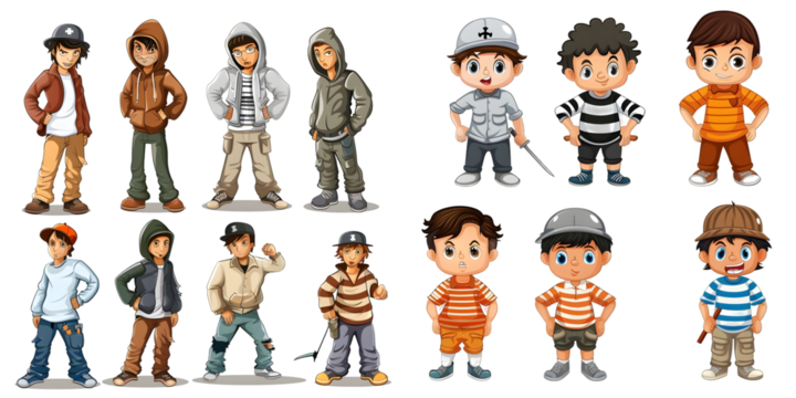 Set of criminals isolated on a white background. Generative AI.