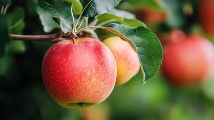 Fresh Red Apples on Branch. Concept of healthy eating, orchard, and harvest.
