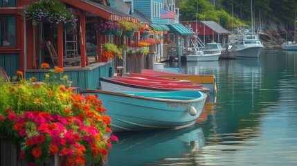 A tranquil view of colorful boats docked at a charming fishing village during a sunny afternoon