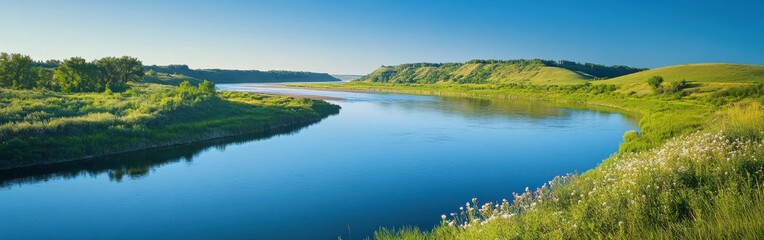 The tranquil Missouri River winds through lush greenery under a clear blue sky at midday