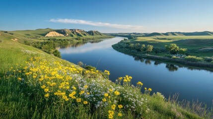 Obraz premium A tranquil Missouri River winding through lush green hills and vibrant wildflowers during a clear blue sky day in spring