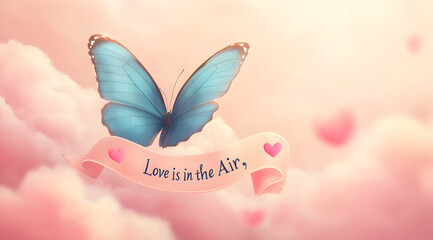 A serene image featuring a blue butterfly hovering over soft pink clouds, accompanied by a romantic quote, "Love is in the Air.