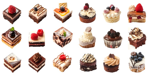 Set of delicious cakes. Small sweet cakes. Generative AI.