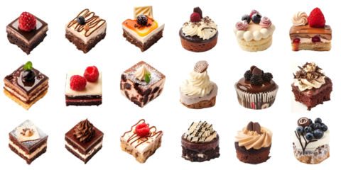 Set of delicious cakes. Small sweet cakes. Generative AI.