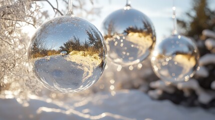 Reflective Ornaments Hanging In Snowy Winter Landscape