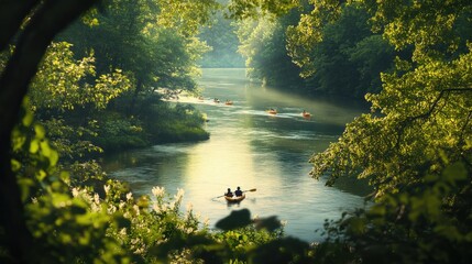 Kayakers enjoy a peaceful afternoon on the Chattahoochee River surrounded by lush greenery and soft sunlight
