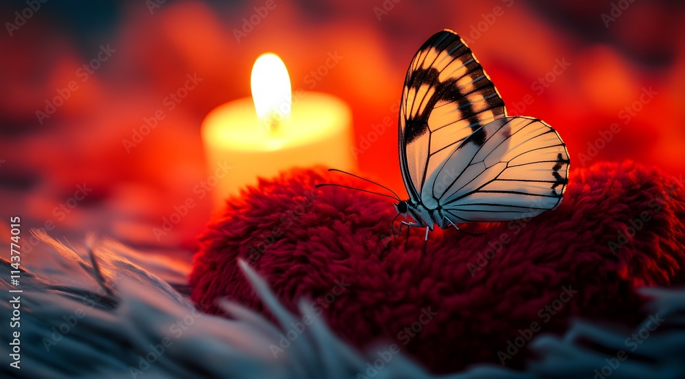 Poster a delicate butterfly rests on a red heart, illuminated by the soft glow of a candle, creating a roma