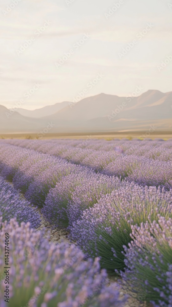 Poster a vibrant lavender field in full bloom with distant mountains at sunset creating a tranquil atmosphe