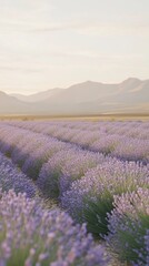 Obraz premium A vibrant lavender field in full bloom with distant mountains at sunset creating a tranquil atmosphere