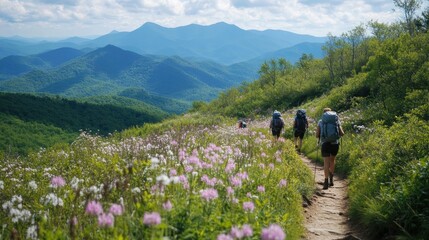 Hikers navigate a beautiful stretch of the Appalachian Trail surrounded by wildflowers and breathtaking mountain views in daylight
