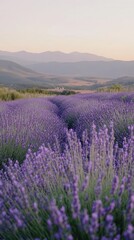 Fototapeta premium A tranquil evening in the lavender fields of Provence with blooming flowers under a soft sunset sky