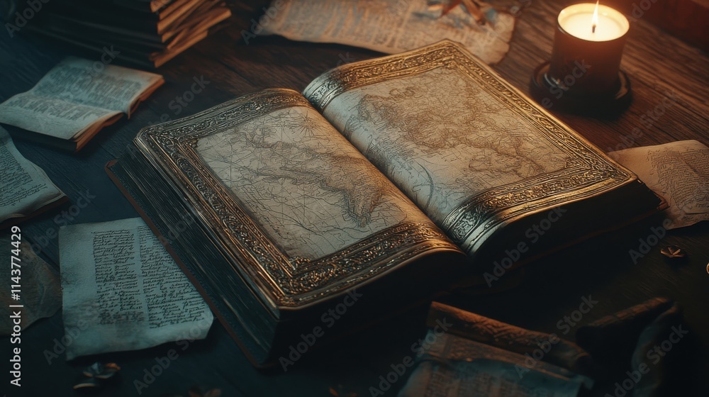 Poster an open antique book showcasing intricate maps on a wooden table illuminated by candlelight at a tra