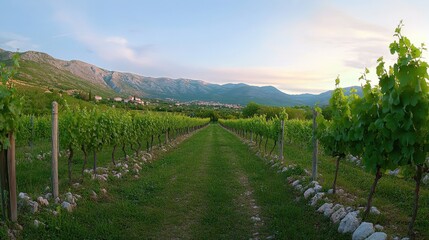 Obraz premium A serene morning stroll through lush vineyards nestled in rolling hills under a clear blue sky