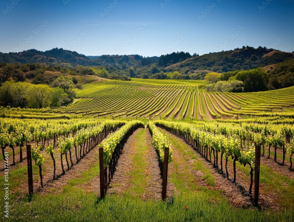 Poster a sunny day in a beautiful vineyard with lush rows of grapevines stretching toward distant hills in 