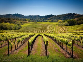 Naklejka premium A sunny day in a beautiful vineyard with lush rows of grapevines stretching toward distant hills in early spring