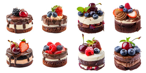 Set of different chocolate and vanilla berry cakes decorated with fresh blueberry, strawberry, raspberry, cherry. Generative AI.
