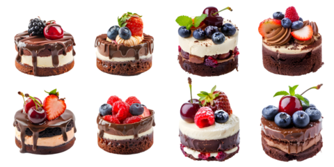 Set of different chocolate and vanilla berry cakes decorated with fresh blueberry, strawberry, raspberry, cherry. Generative AI.